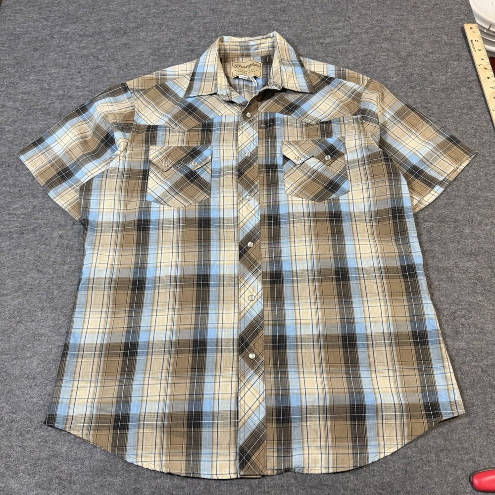 Wrangler Western Shirt Mens Large Brown Plaid Pearl Snap Short Sleeve Cowboy Top